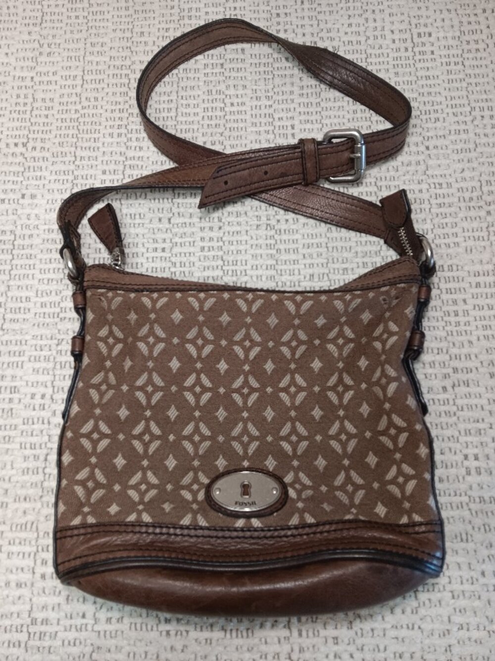 Fossil 'Maddox' Brown Leather and Canvas Crossbody / Bucket Bag Purse